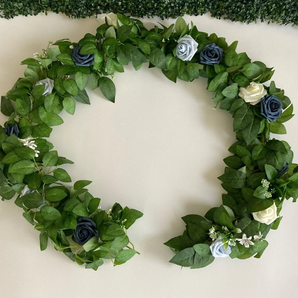Dusty Blue Rose Ivory Flower Swag Greenery Floral Wreath